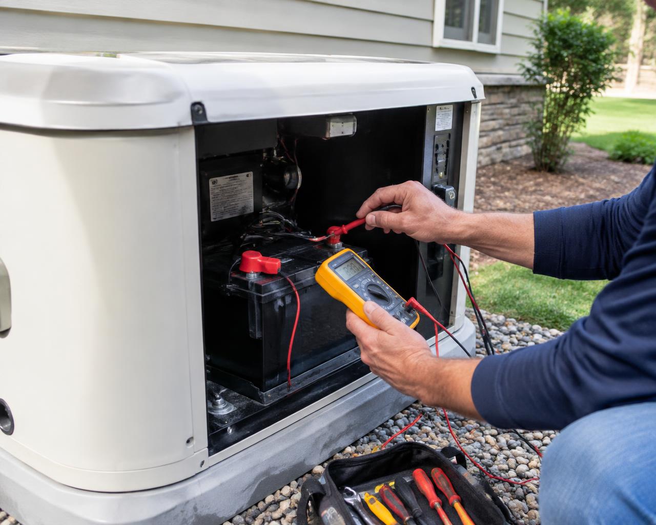 Technician testing a residential standby generator battery