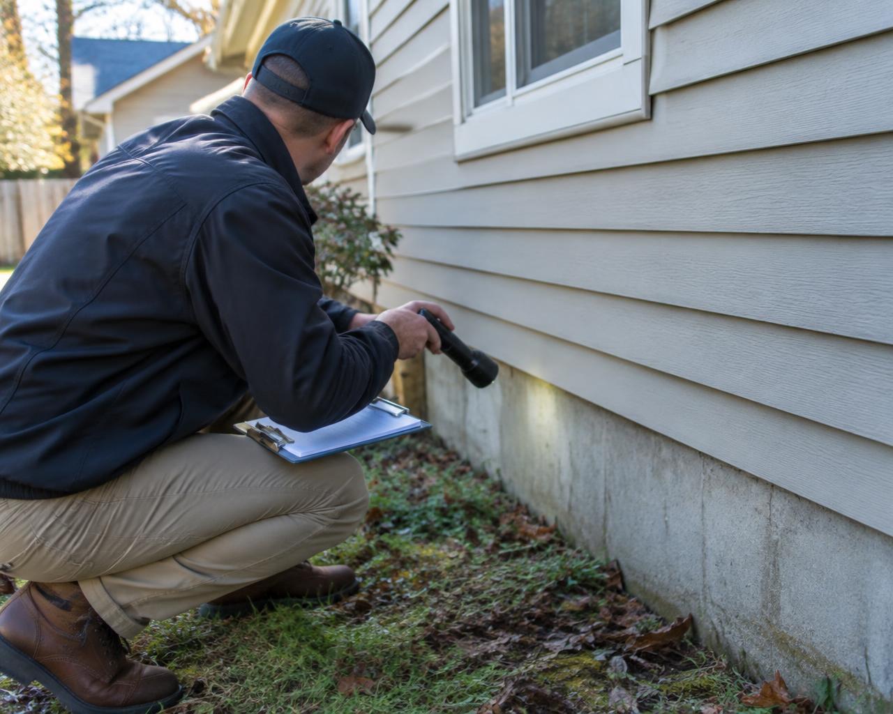 Home inspector examining the exterior of a house
